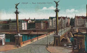 View across Vltava river looking at Cech Bridge and Old Town, c. 1910. Creator: Anonymous