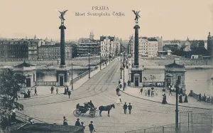 Kafka Prints: View across Vltava river looking at Cech Bridge and Old Town, c. 1910. Creator: Anonymous