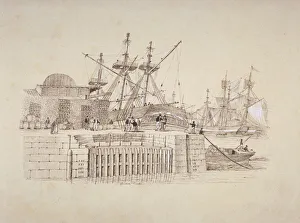 Docklands Prints: View of the Wapping entrance and south quay of London Docks, c1824. Artist: Henry Moses