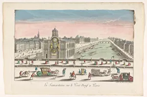 View of the water pump Samaritaine on the ferry Neuf over the Seine River in Paris, 1745-1775. Creator: Anon