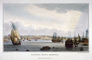 Blackwall Gallery: View of water vessels on the River Thames showing Blackwall and Greenwich, London, 1821