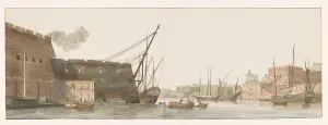 Galley Prints: View of a wharf in the port with ships in Malta, 1778. Creator: Louis Ducros