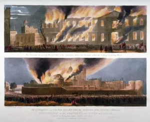 Ablaze Prints: Two views of the destruction of the Armoury in the Tower of London by fire