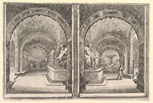 Grotto Collection: Two views of a grotto, both views with a fountain with a seated statue, seen from the