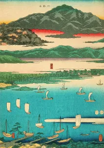 Shukuba Prints: Eight Views of Omi: Miidera, Ishiyama, Seta (image 1 of 3), 1856. Creator: Ando Hiroshige