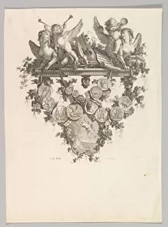 Trumpets Gallery: Vignette with Sphinxes and Putti, 1779. Creator: Jean Baptiste Marie Huet