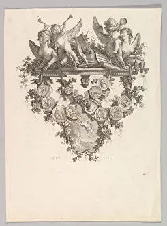 Trumpets Prints: Vignette with Sphinxes and Putti, 1779. Creator: Jean Baptiste Marie Huet