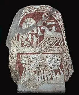 8th Century Collection: Viking runestone with a ship and the eight-legged horse Sleipnir, 8th century