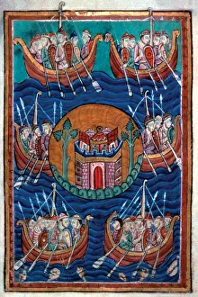 Varangians Prints: Viking ships arriving in Britain, ca 1130. Artist: Abbo of Fleury (c. 945-1004)