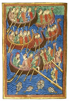 Varyags Collection: Viking ships arriving in Britain, ca 1130. Artist: Abbo of Fleury (c. 945-1004)