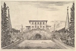 The villa at center flanked by four obelisks, a staircase to either side, a statue in The villa at center flanked by four obelisks, a staircase to either side, a statue in