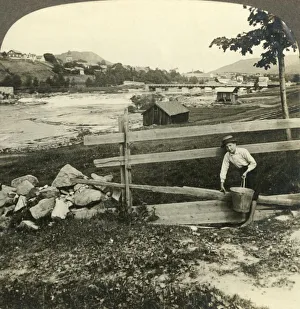 Village church and homes of Kongsberg, beside the rapids of Laagen, Norway, c1905