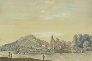 Fisherman Prints: Village with a church by a river... late 18th century. Creator: Caspar Schneider