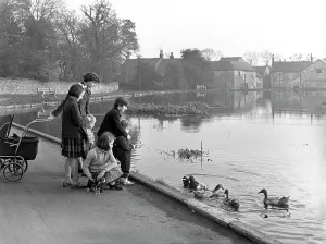 Pond Prints: Village duck pond scene, Tickhill, Doncaster, South Yorkshire, 1961