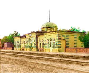Turkmenistan Prints: Village of Farab, Turkmenistan; Railroad station and tracks