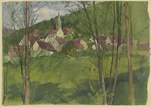 Spire Prints: Village at the hillside, 19th century. Creator: Fritz Boehle