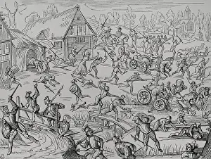 Attack Prints: A village pillaged by soldiers, 1599, (1878). Creator: Unknown