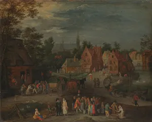 Village with a Puppeteer Entertaining a Small Crowd, c.1650-c.1660. Creator: Peeter Gysels