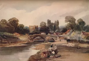 Peter De Prints: A Village on a River, with Bridge and Ruins, c1824. Artist: Peter de Wint