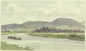 Waters Edge Prints: Village on a river with mountains in the middle ground