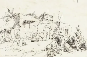 Sweeping Prints: A Village Scene in India [verso], 1814/1824. Creator: George Chinnery