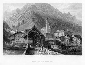 Covered Bridge Prints: Village of Splugen, Switzerland, 1834. Artist: W Wallis