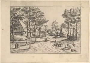 Doetechum Jan The Elder Prints: Village Street, cattle, sheep and herdsman in the foreground from Praediorum villar
