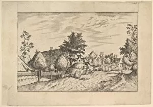 Doetechum Gallery: Village Street, hay stacked in front of a farm from Praediorum villarum et rusticar