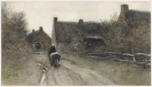 Wheelbarrow Prints: Village view with woman pushing wheelbarrow