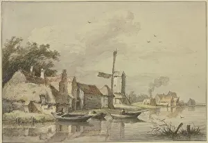 Waters Edge Prints: Village with a windmill by the water. Creator: Jan Hulswit