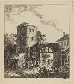 Villagers Prints: Villagers at a City Gate Greeting a Dignitary, 1764. Creator: Salomon Gessner