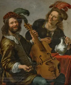 Play Music Prints: Viola da gamba player being offered a glass of wine by a young man