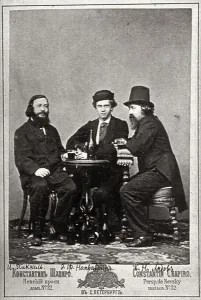 Eduard Prints: Violinist Johann Pickel with composers Eduard Napravnik and Anatoly Lyadov, 19th century