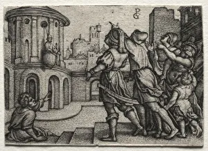 Georg Pencz German Prints: Virgil hanging in a Basket, c. 1541-42. Creator: Georg Pencz (German, c. 1500-1550)
