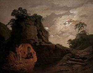 Wright Collection: Virgils Tomb by Moonlight, with Silius Italicus Declaiming, 1779. Creator: Joseph Wright of Derby