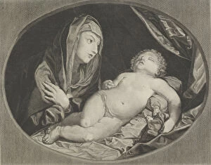 The Virgin with arms crossed over her chest looking at the sleeping infant Christ, in