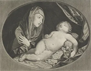 Adoring Prints: The Virgin with arms crossed over her chest looking at the sleeping infant Christ