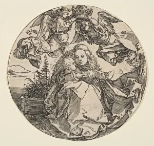 The Virgin and Child Crowned by Two Angels above a Landscape (landscape trimmed out), ca