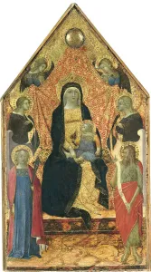 The Virgin and Child enthroned between four Angels and Saints. Artist: Bulgarini, Bartolomeo (ca. 1300 / 10-1378)
