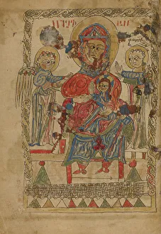 Black Ink And Watercolour Prints: The Virgin and Child Enthroned; Gospel Book, 1386. Creator: Unknown