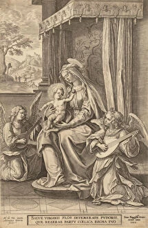 Biblical Character Collection: Virgin and Child Enthroned with Two Musical Angels, .n.d Creator: Jan Wierix