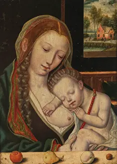 Antwerp School Prints: Virgin and Child with fruit on an entablature in the foreground