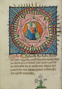 The Virgin and Child in a Pink Rose with a White Lily; Illustrated Vita Christi... about 1480-1490. Creator: Unknown