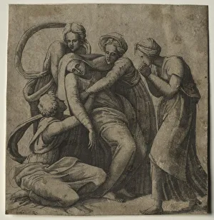 Raphael Italian Prints: The Virgin Fainting in the Arms of Three Holy Women. Creator: Giulio Bonasone (Italian, c