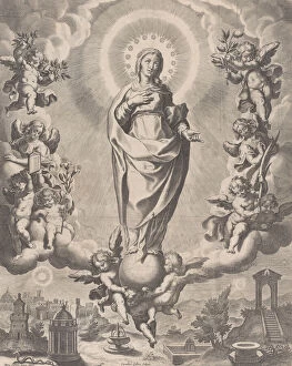 Bernardo Gallery: The Virgin in Glory, standing on clouds and surrounded by angels holding the symbols