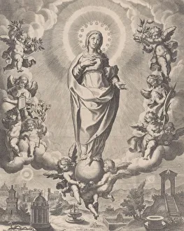 Rays Of Light Prints: The Virgin in Glory, standing on clouds and surrounded by angels holding the symbols