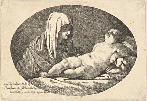 Guido Prints: The Virgin at left watching the infant Christ as he sleeps, an oval composition, after