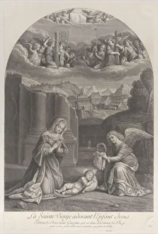 Crown Of Thorns Collection: The Virgin Mary adoring the Christ child, an angel holding a crown of thorns at right