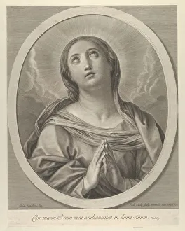 Ois De Prints: The Virgin in prayer, looking up with clouds behind her, in an oval frame, after Reni