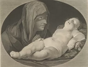 Guido Gallery: The Virgin in prayer, looking at the sleeping infant Christ, in an oval frame, after Reni